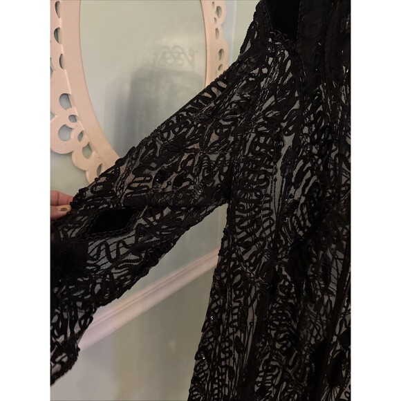 Vtg 80s Tan Chho Embroidered Sequin LnLong Duster Black Sequin 6D - Picture 3 of 7